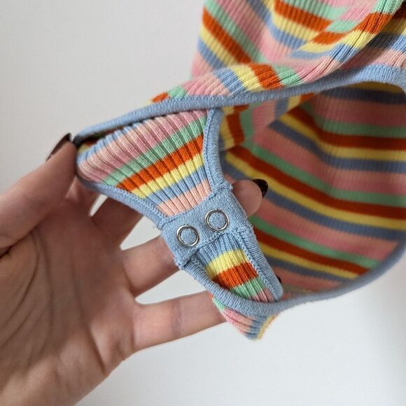 Lovers + Friends pink yellow red retro stripe crossover wrap rib Gina bodysuit - Picture 3 of 7